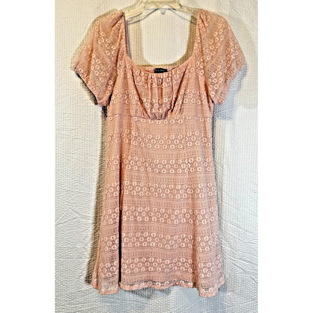 As U Wish Pastel Pink Lace Stretch Smocked Dress Size Junior's XL Womens Cottage